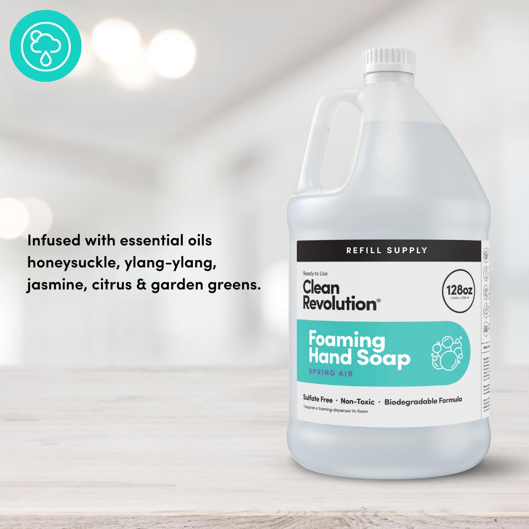 Clean Revolution foam dispensing in hand from pump, proving easy use