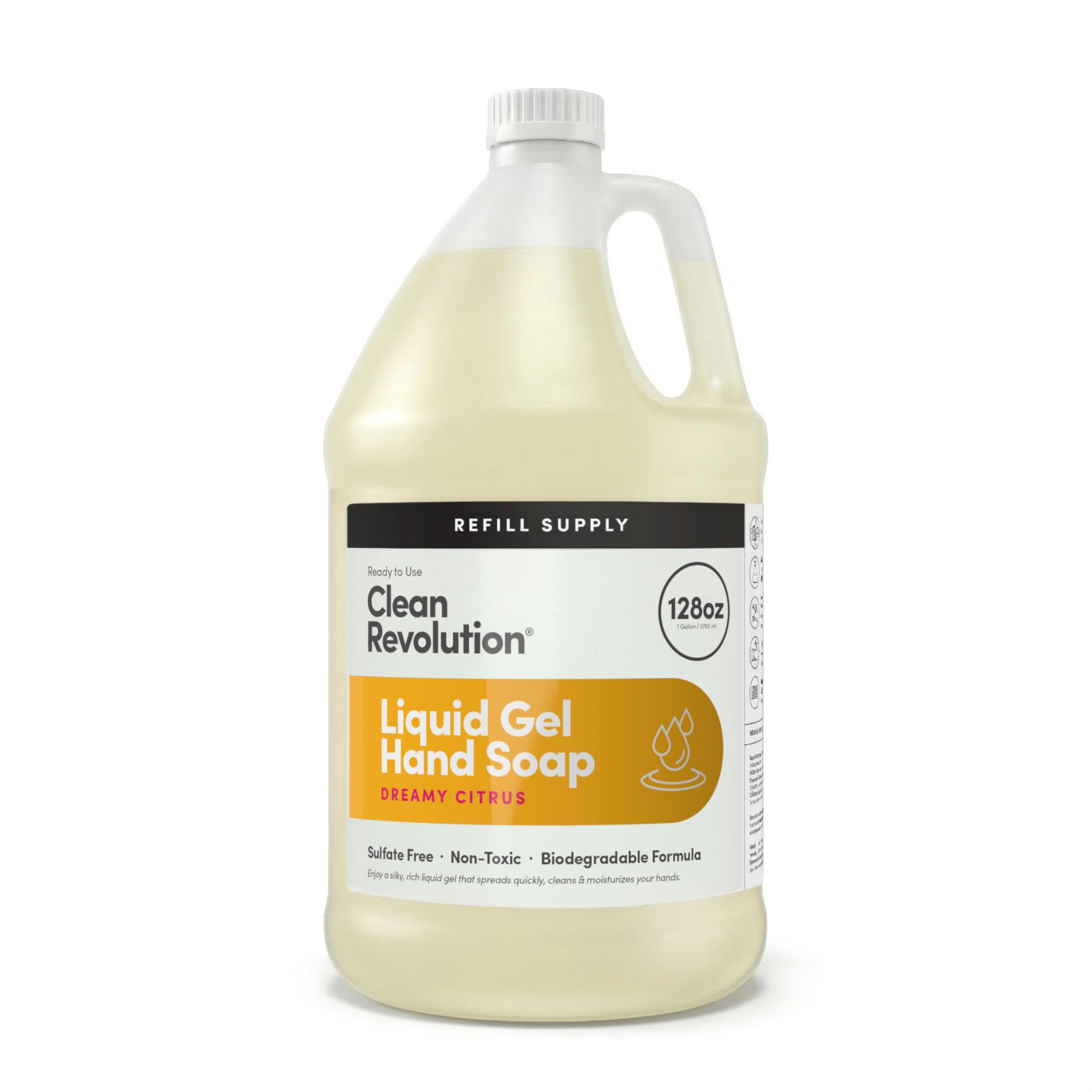 Clean Revolution frente del envase 128 oz mostrando el diseño y facilidad de recarga