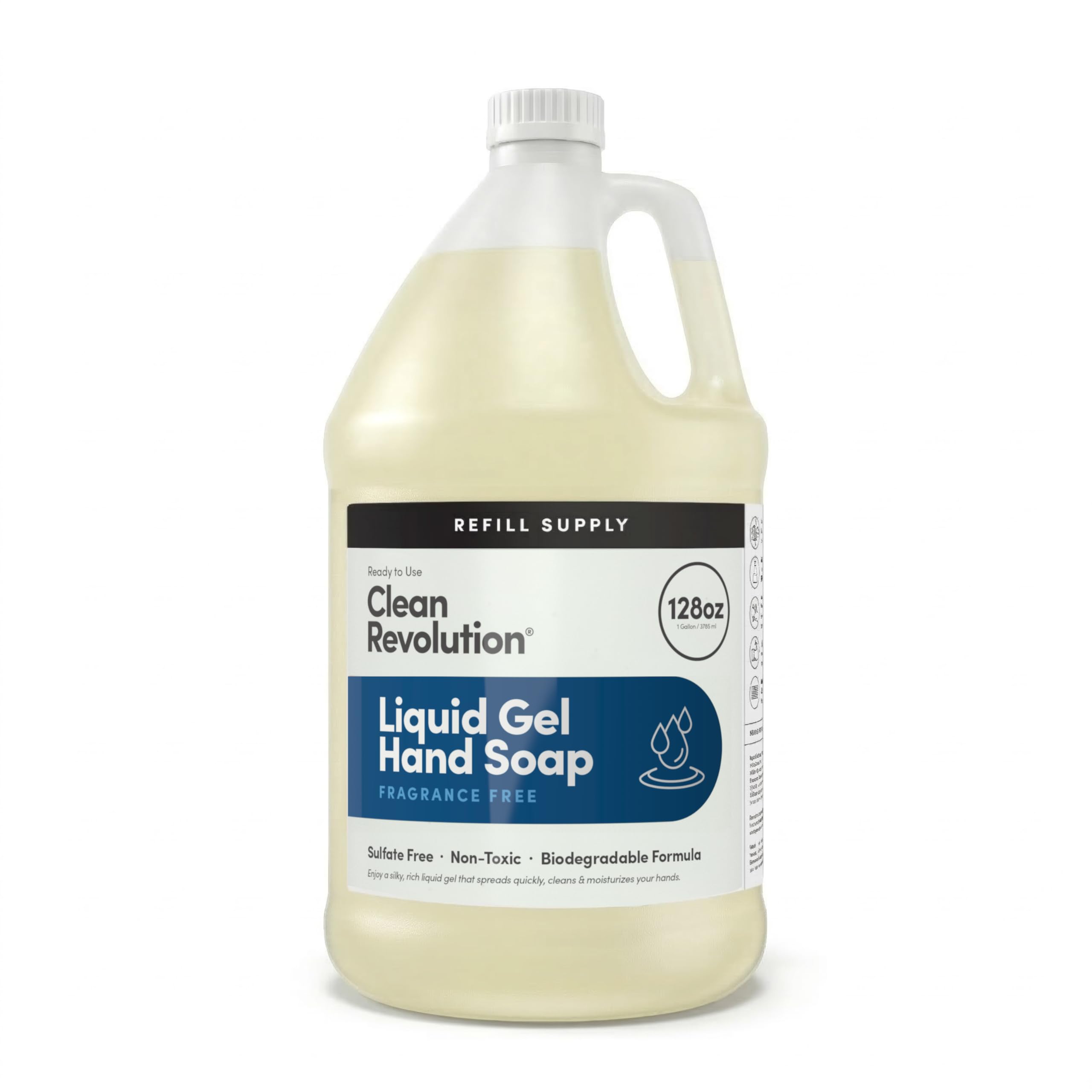 Clean Revolution vista frontal del envase 128 oz mostrando capacidad y diseño