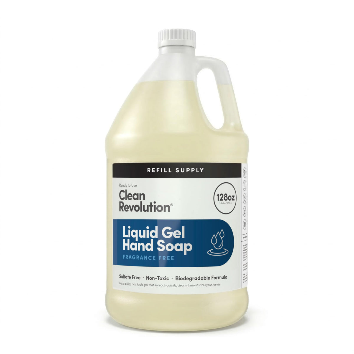 Clean Revolution vista frontal del envase 128 oz mostrando capacidad y diseño