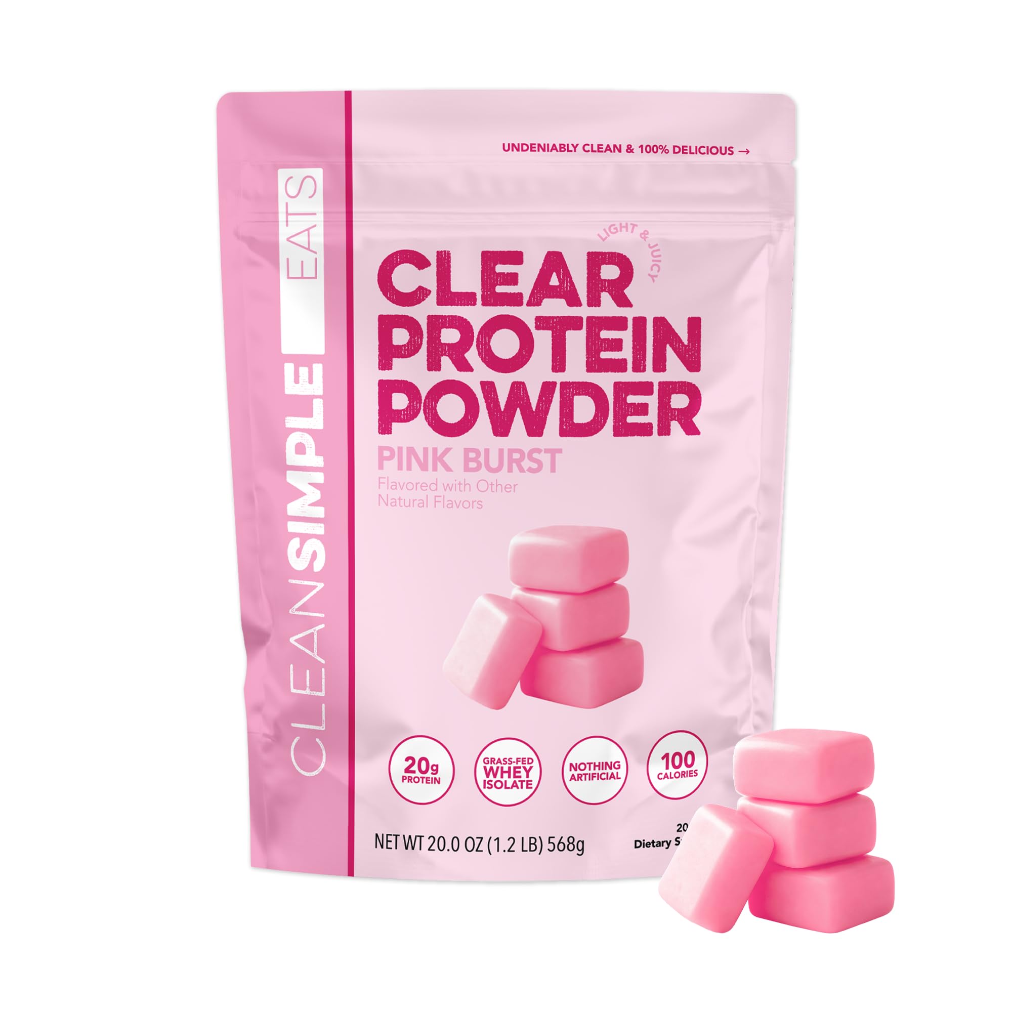 Clean Simple Eats envase frontal Pink Burst mostrando diseño y 20 servicios