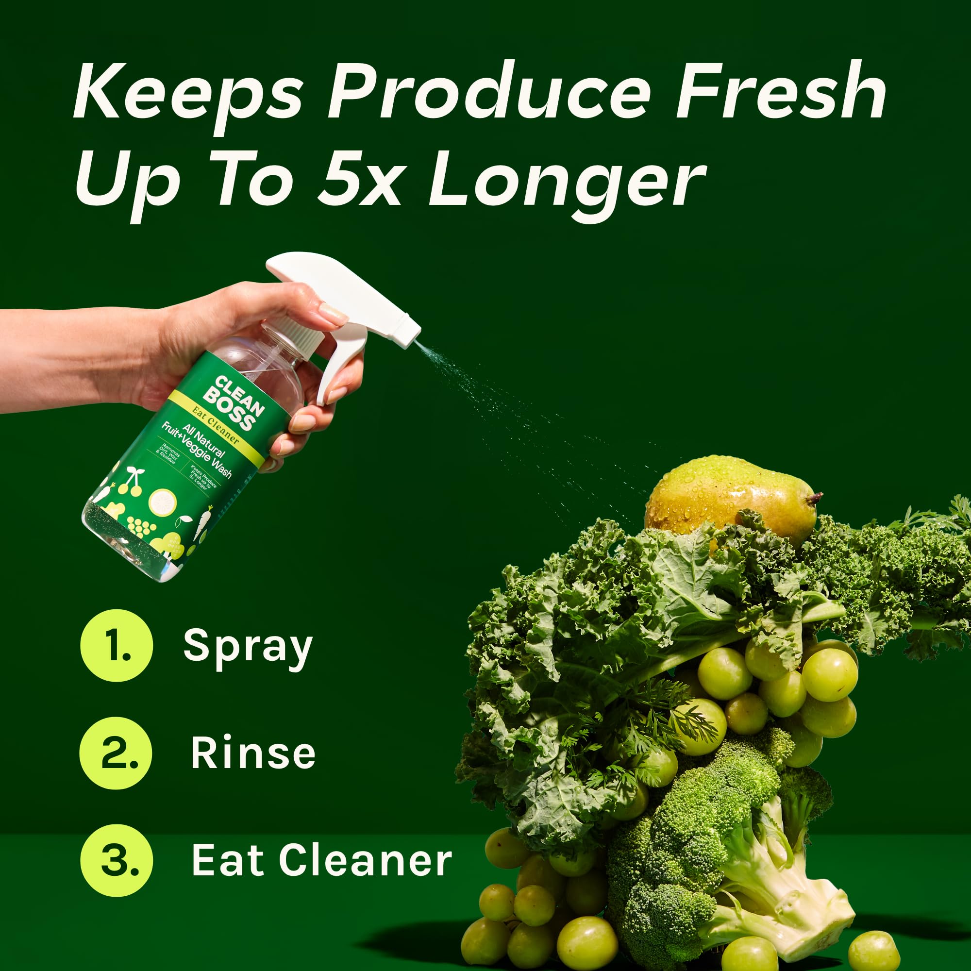CleanBoss diluted in spray bottle ready to clean produce quickly