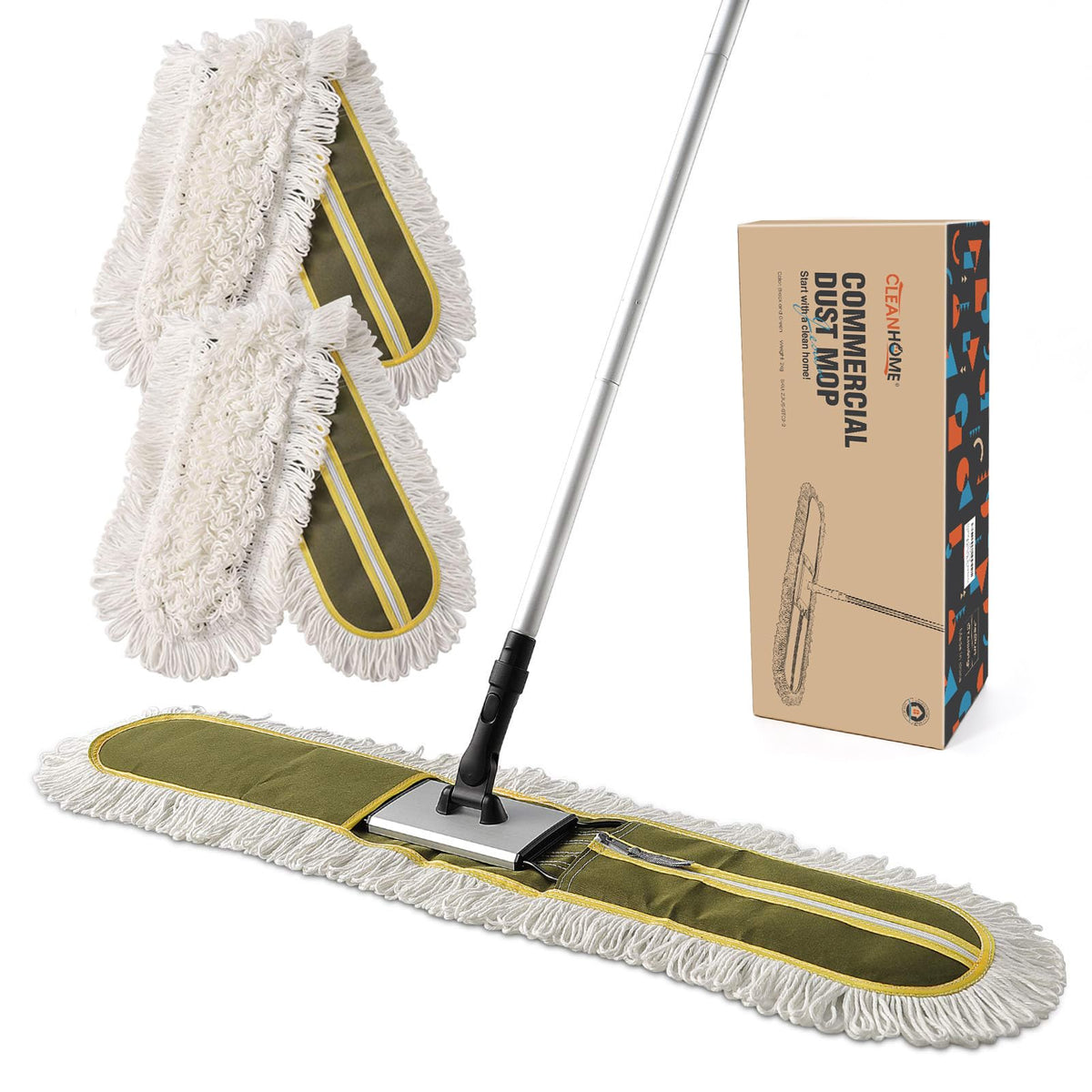CLEANHOME front view of 36-inch dust mop showing wide cleaning head and handle benefit
