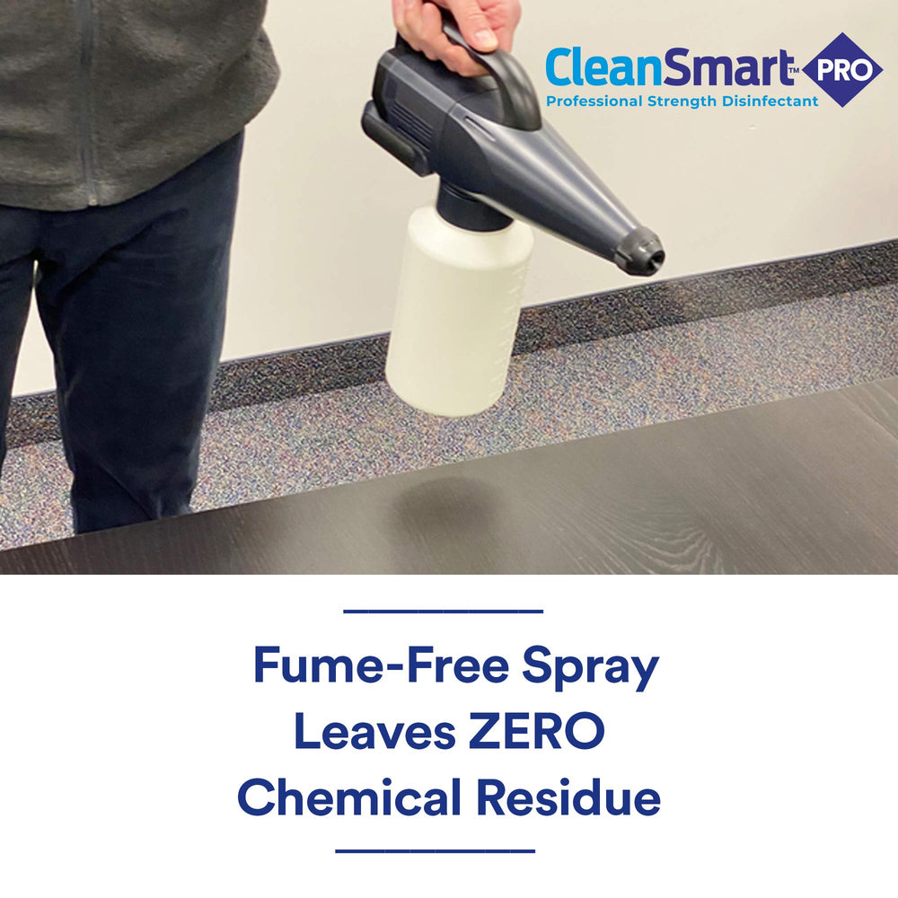 CleanSmart used with an electrostatic sprayer covering a hospital hallway, demonstrating fast coverage