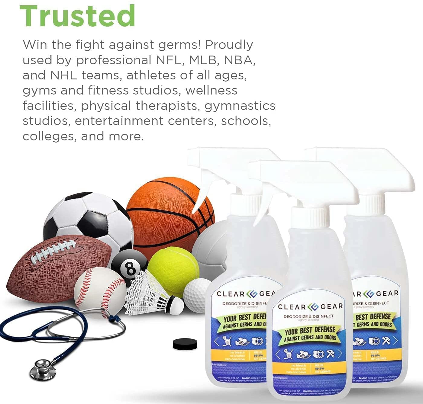 Clear Gear en gym junto a equipo deportivo para higiene y frescura