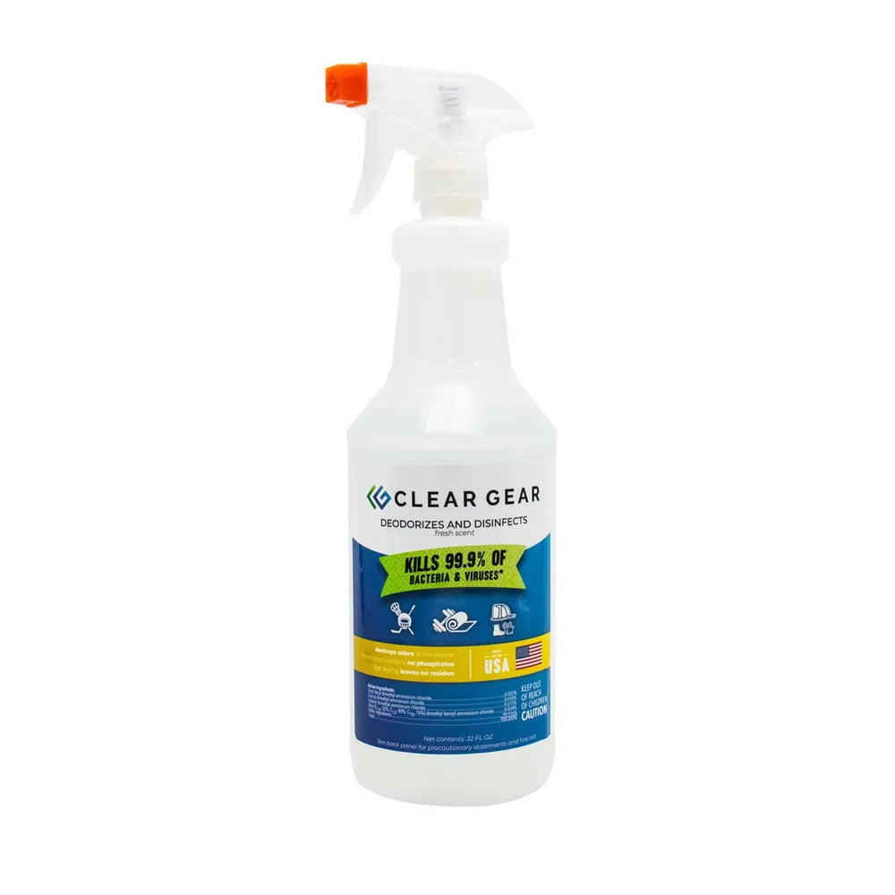 Clear Gear botella frontal 32 oz mostrando etiqueta y uso seguro