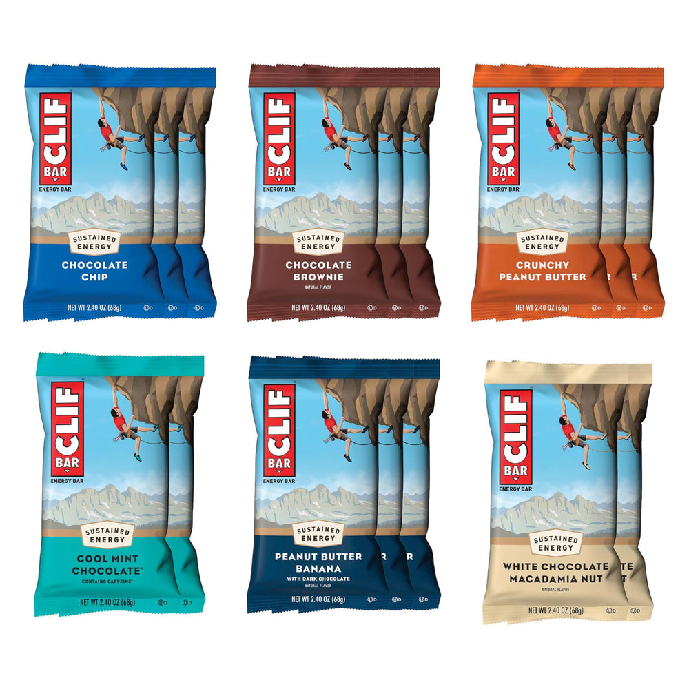 CLIF Bar vista frontal del pack variedad mostrando 16 barras y beneficios de energía