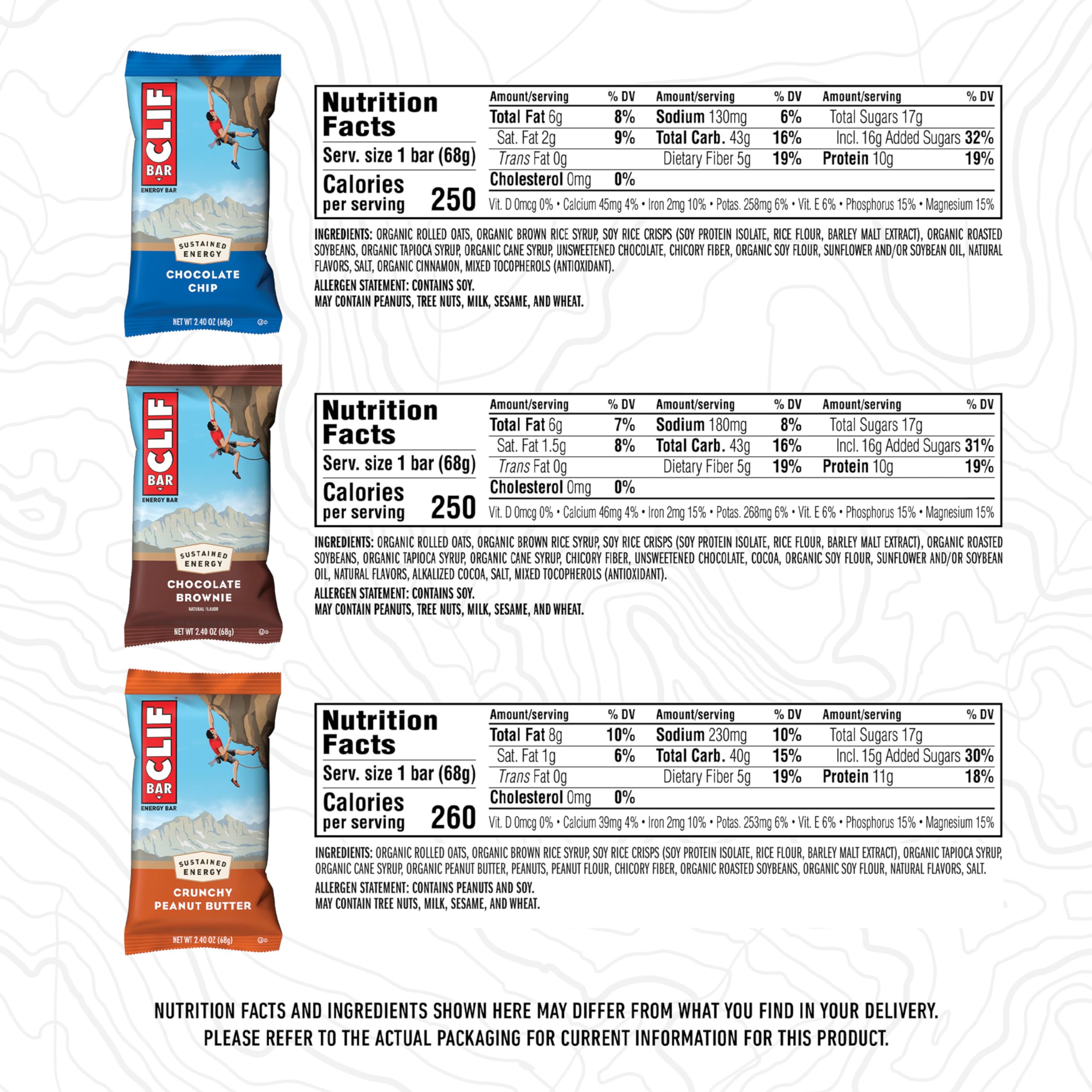 CLIF Bar White Chocolate Macadamia caja abierta con variedad de sabores listos para llevar