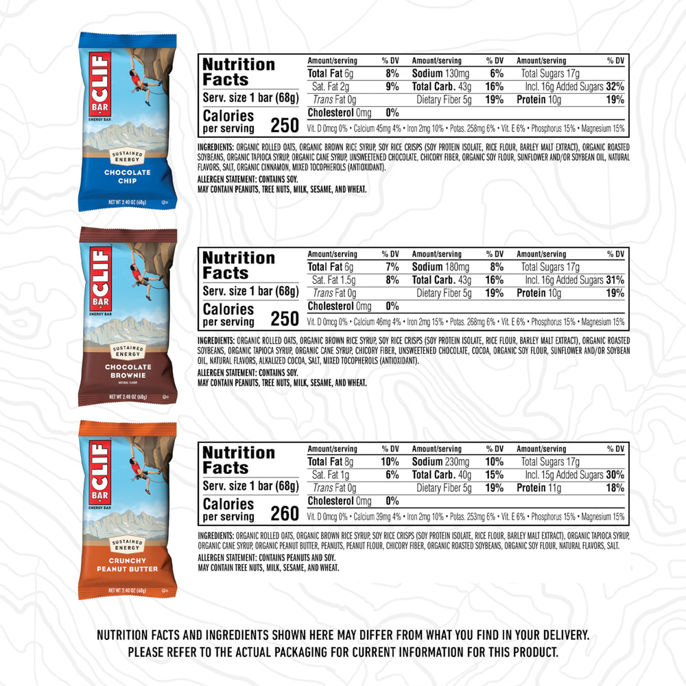 CLIF Bar White Chocolate Macadamia caja abierta con variedad de sabores listos para llevar