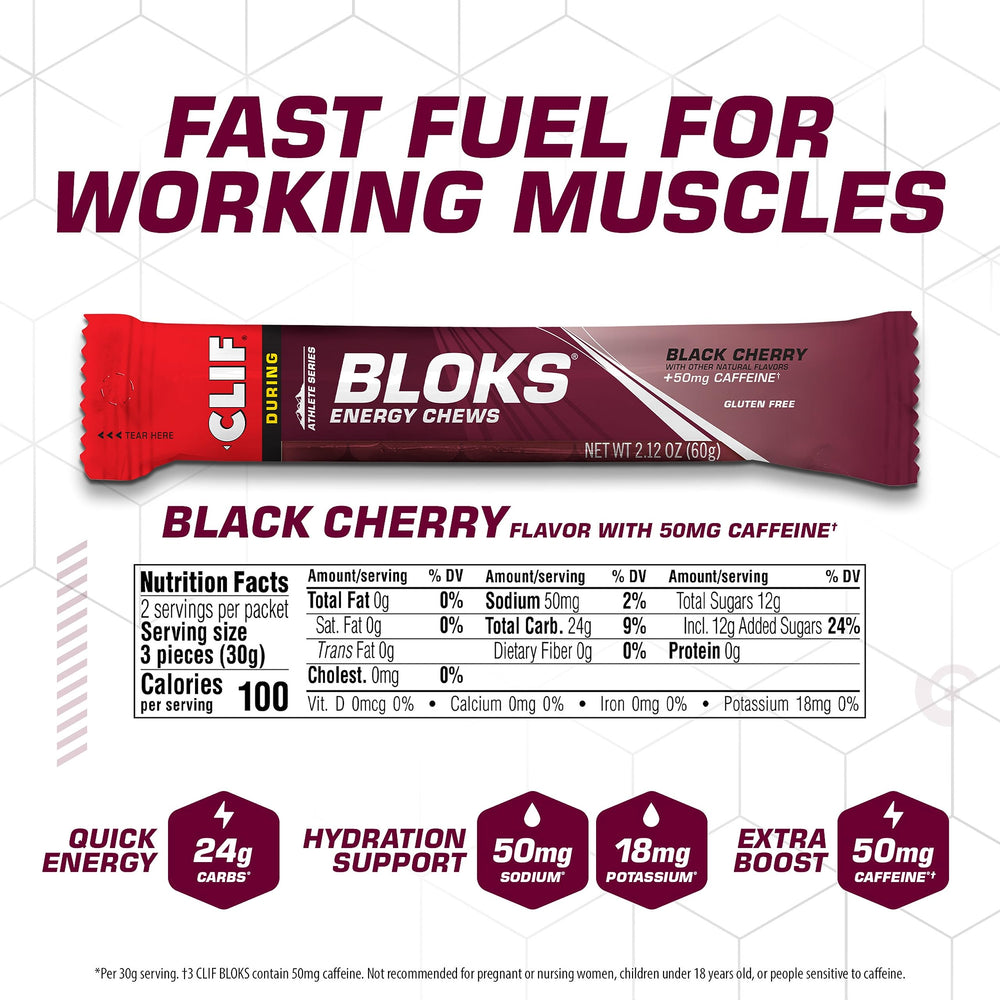 Clif Bloks pouch displaying caffeine amount and recommended dosing