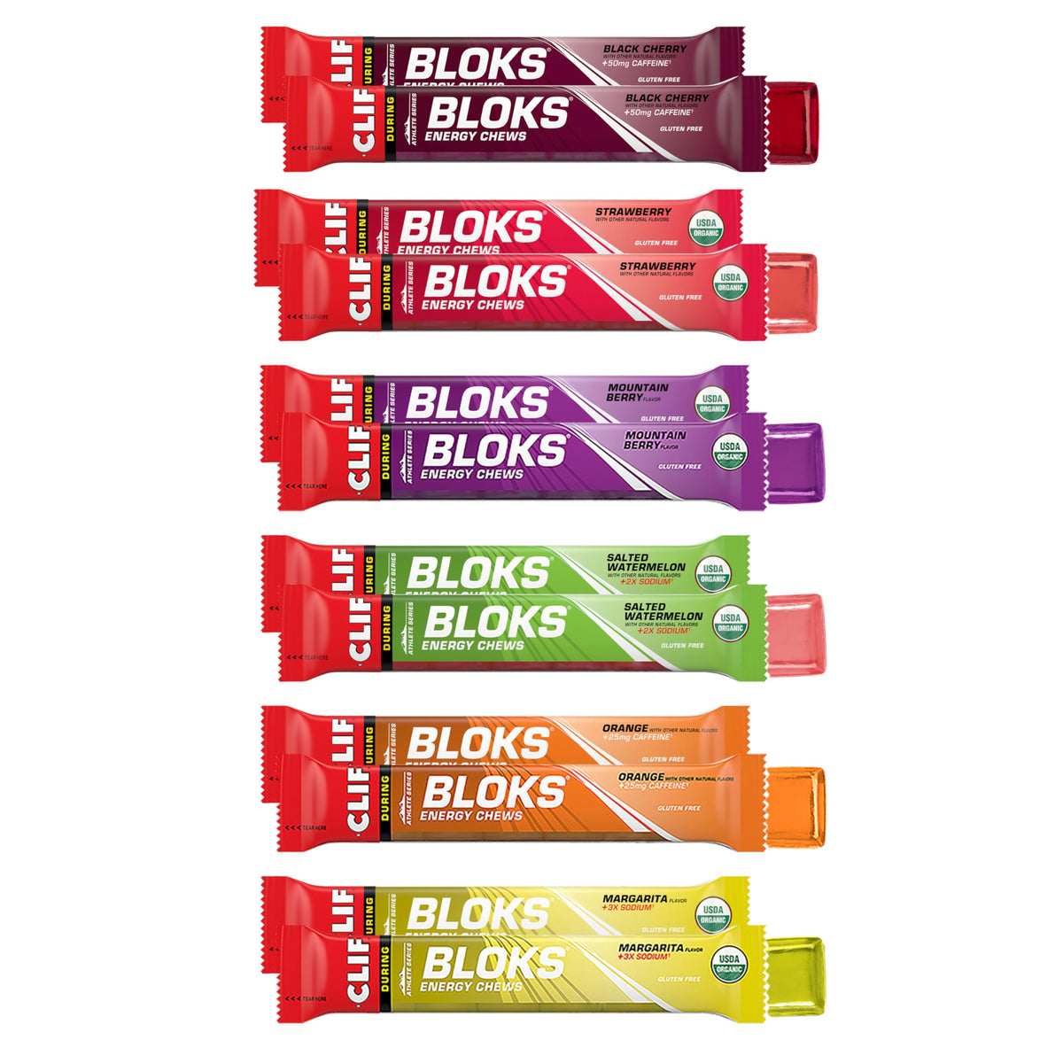 Clif Bloks frente del empaque mostrando pack variedad y beneficio de energía rápida