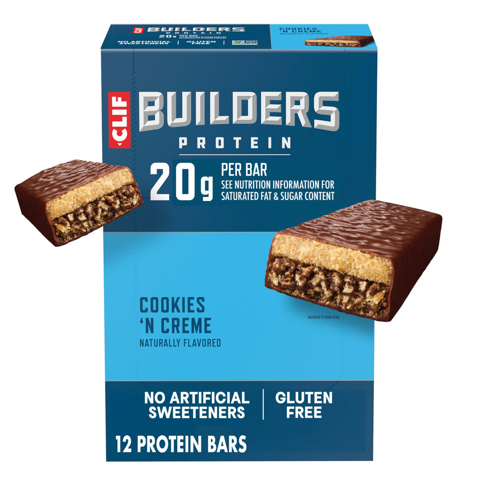 CLIF BUILDER'S empaque frontal mostrando diseño y beneficio práctico