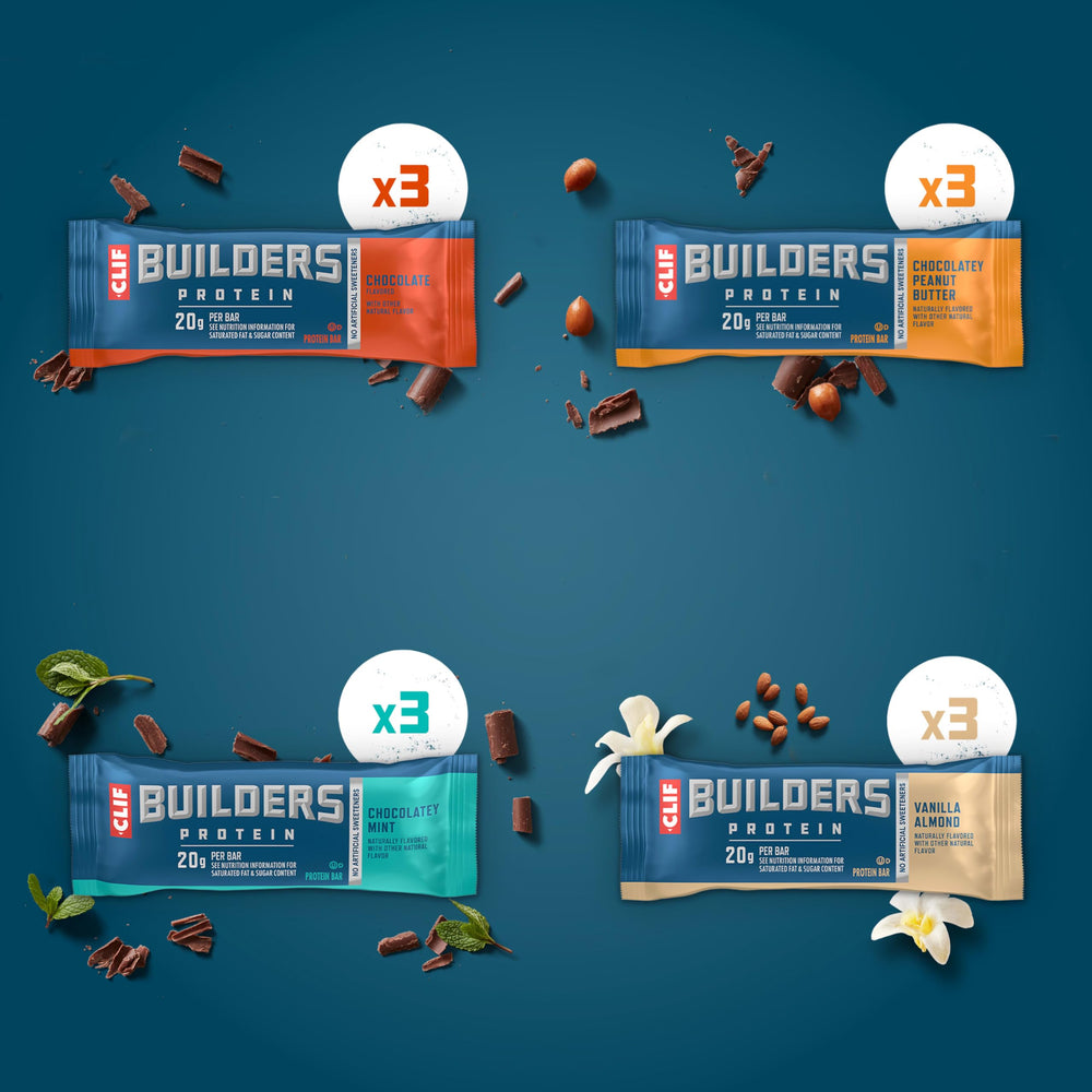 CLIF BUILDERS cuatro sabores mostrados, variedad para diferentes gustos