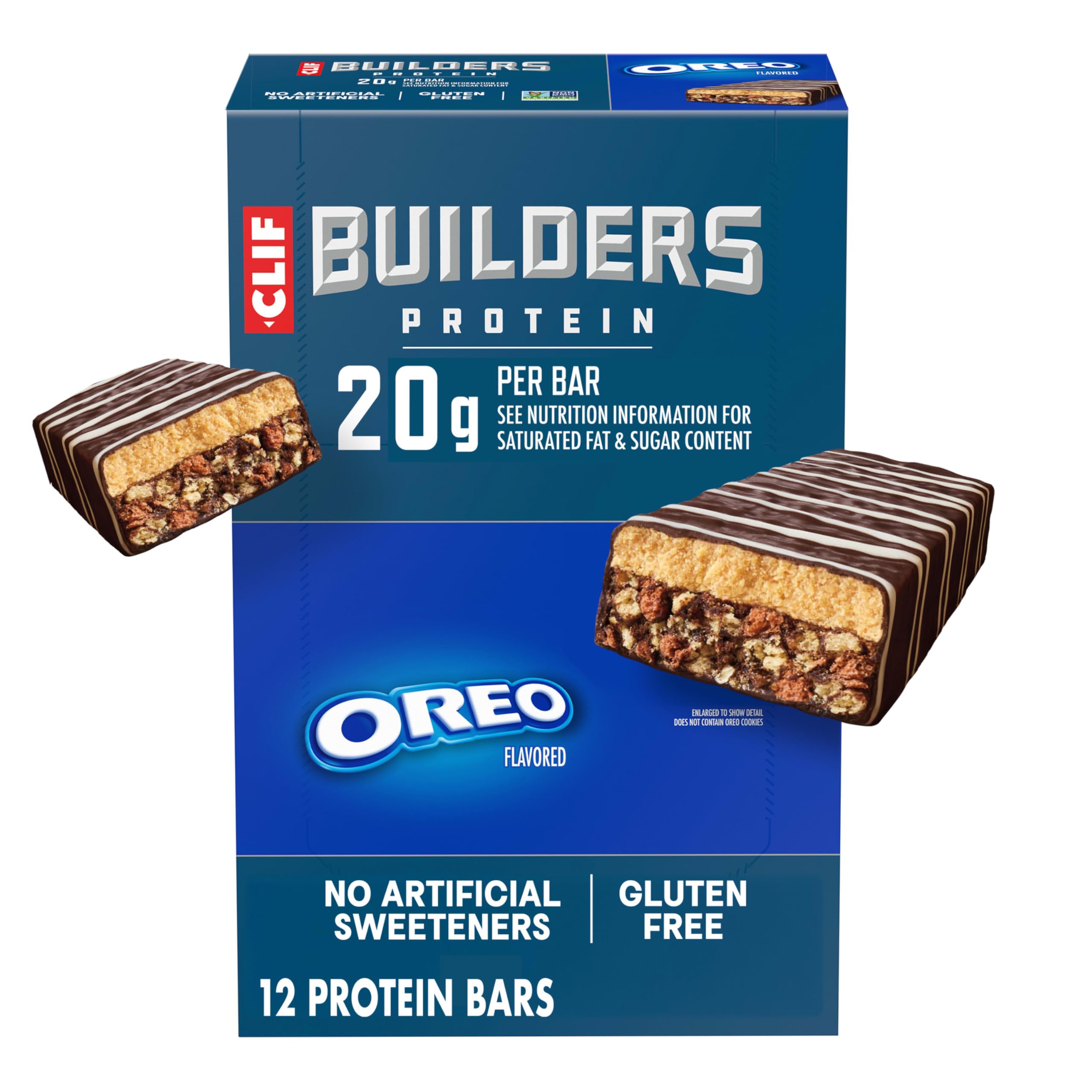 CLIF BUILDERS empaque frontal mostrando sabor OREO y beneficios
