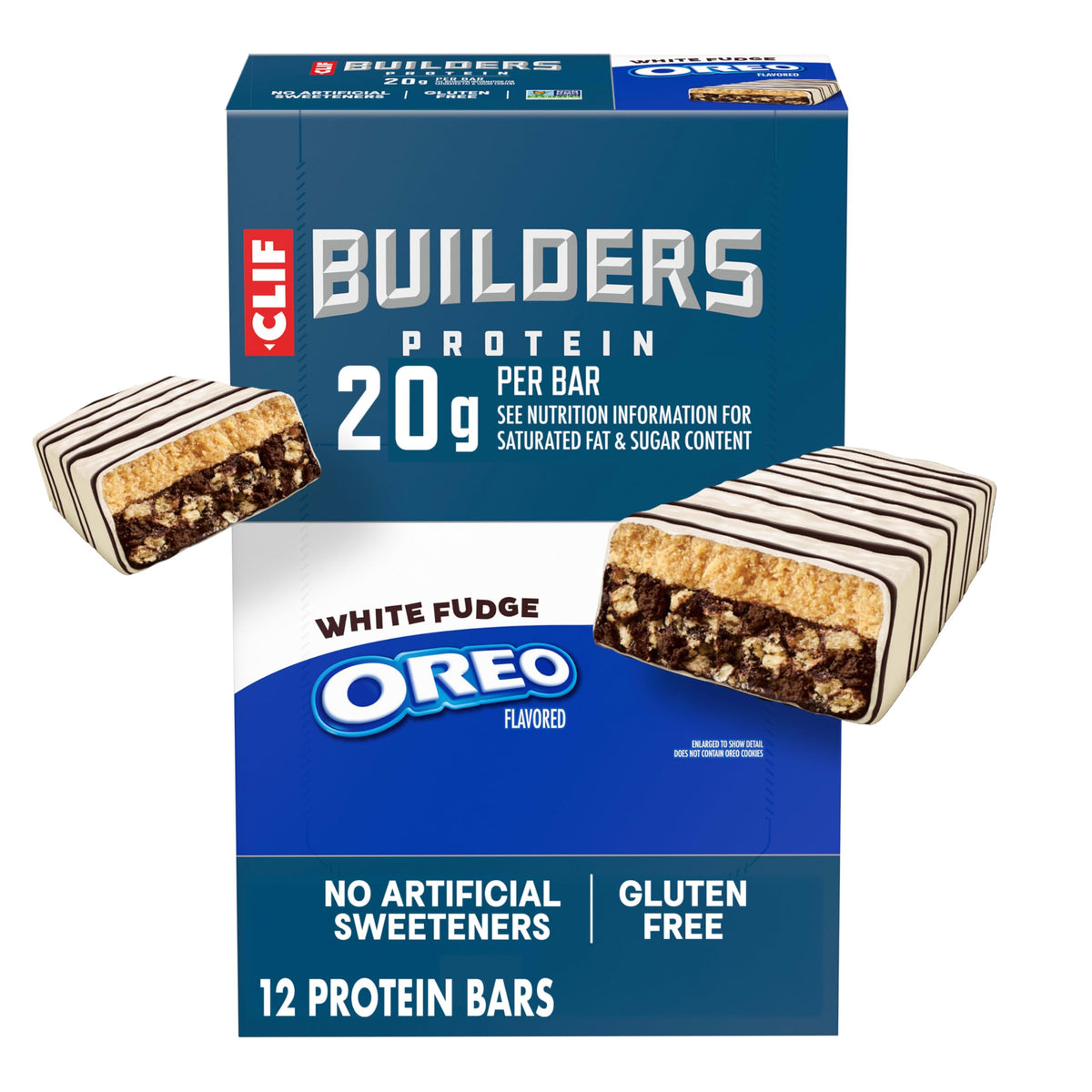 CLIF BUILDERS empaque frontal mostrando sabor White Fudge OREO y beneficios