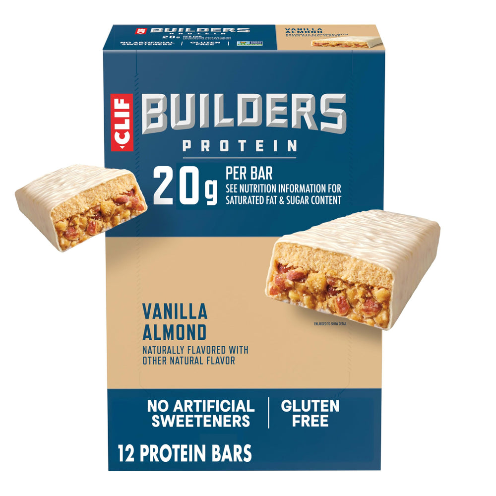 CLIF BUILDER'S front packaging showing vanilla almond flavor and 12-pack convenience