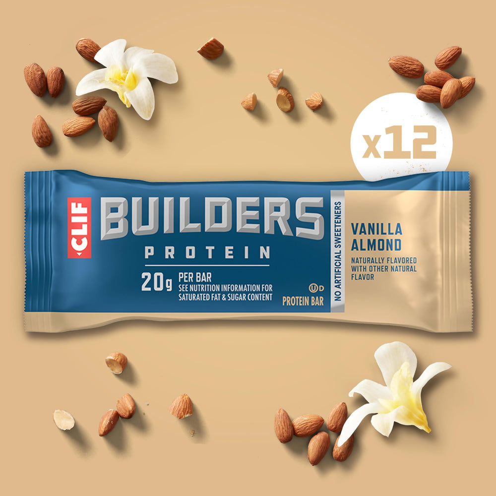 CLIF BUILDER'S ingredients label highlighting plant-based protein and no artificial sweeteners