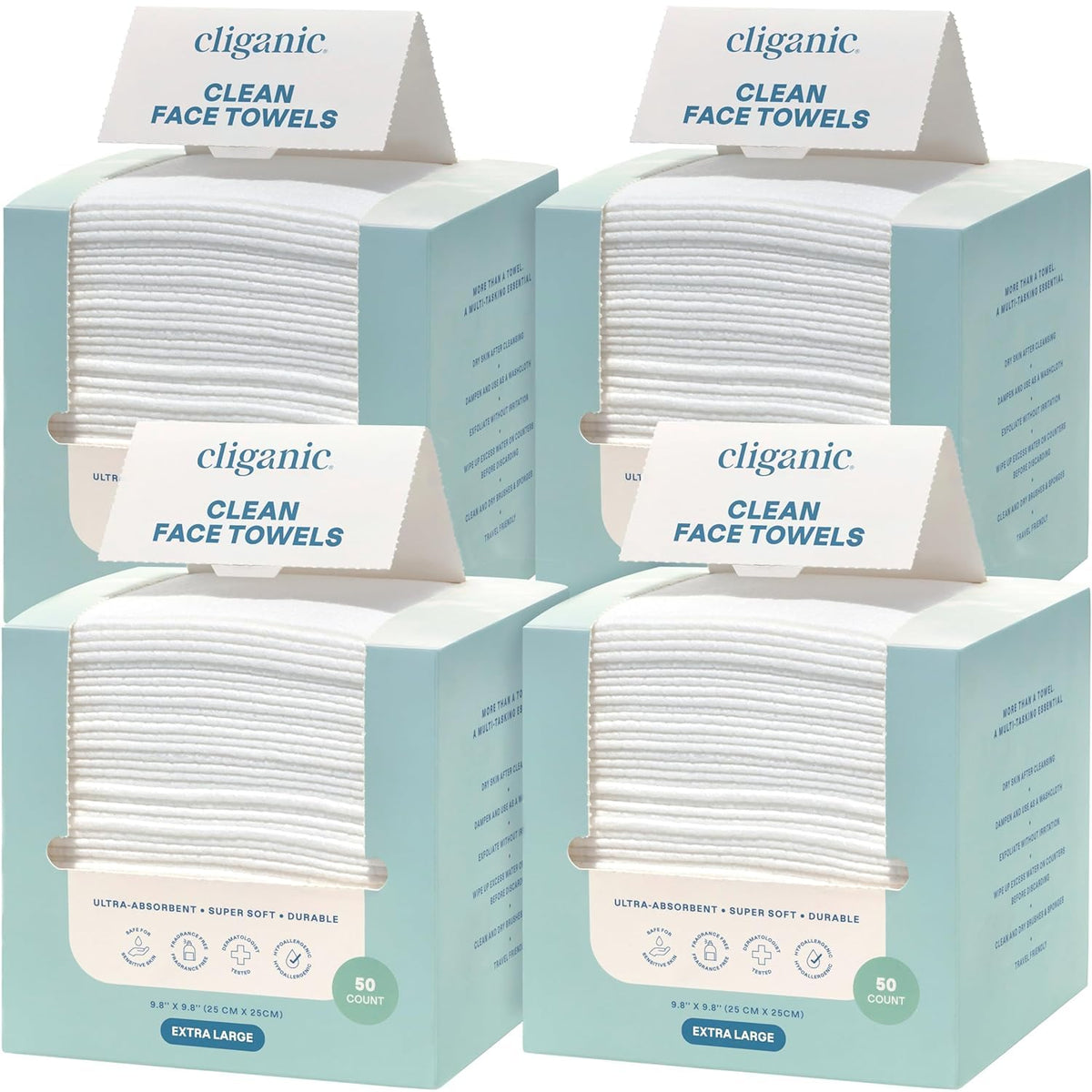 Cliganic caja frontal mostrando el pack de 200 toallas y beneficios principales