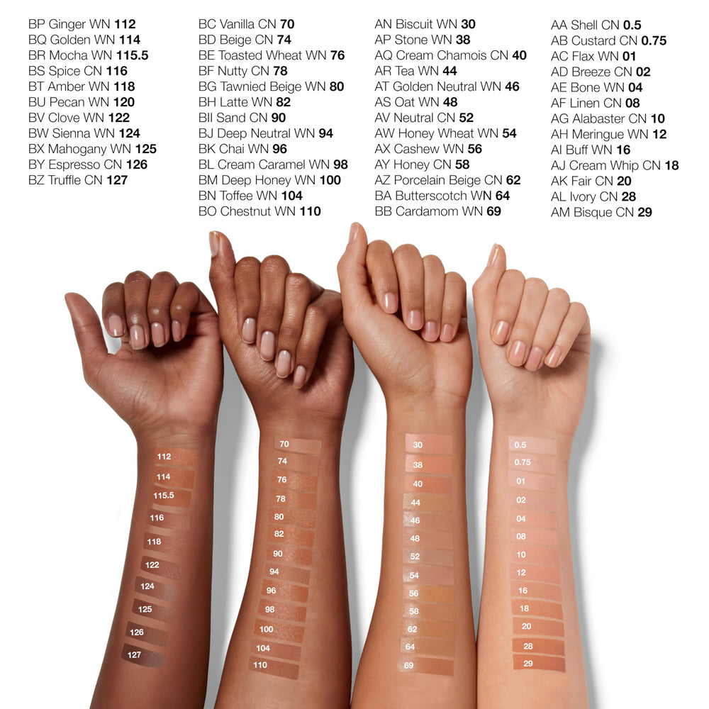 Clinique Even Better multiple shade swatches on arm illustrating shade range and matching help for shoppers