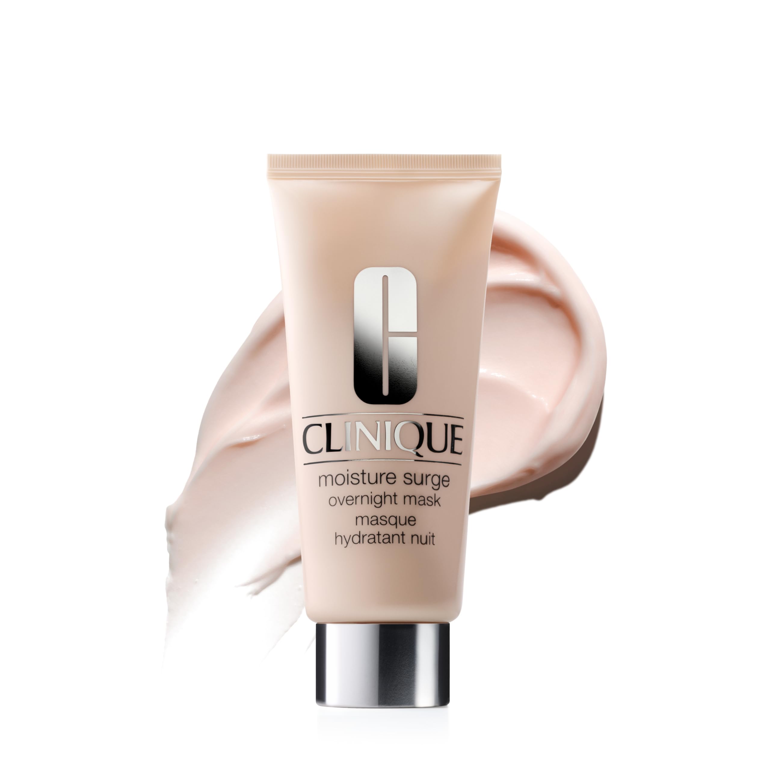 Clinique frasco delantero de Moisture Surge mostrando envase y beneficio de hidratación nocturna