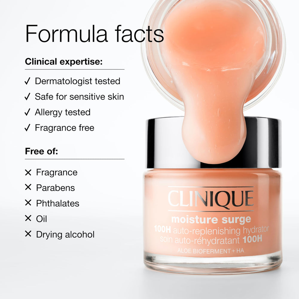 Clinique tamaño del frasco Moisture Surge 50 ml comparado con una mano útil para viajes