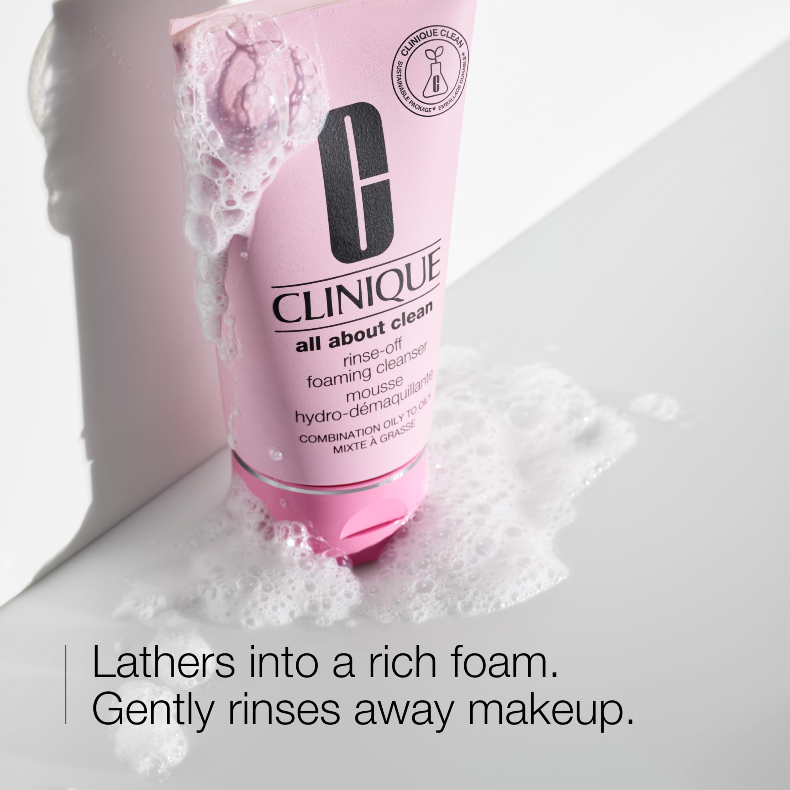 Clinique pump and creamy texture close-up illustrating mousse conversion