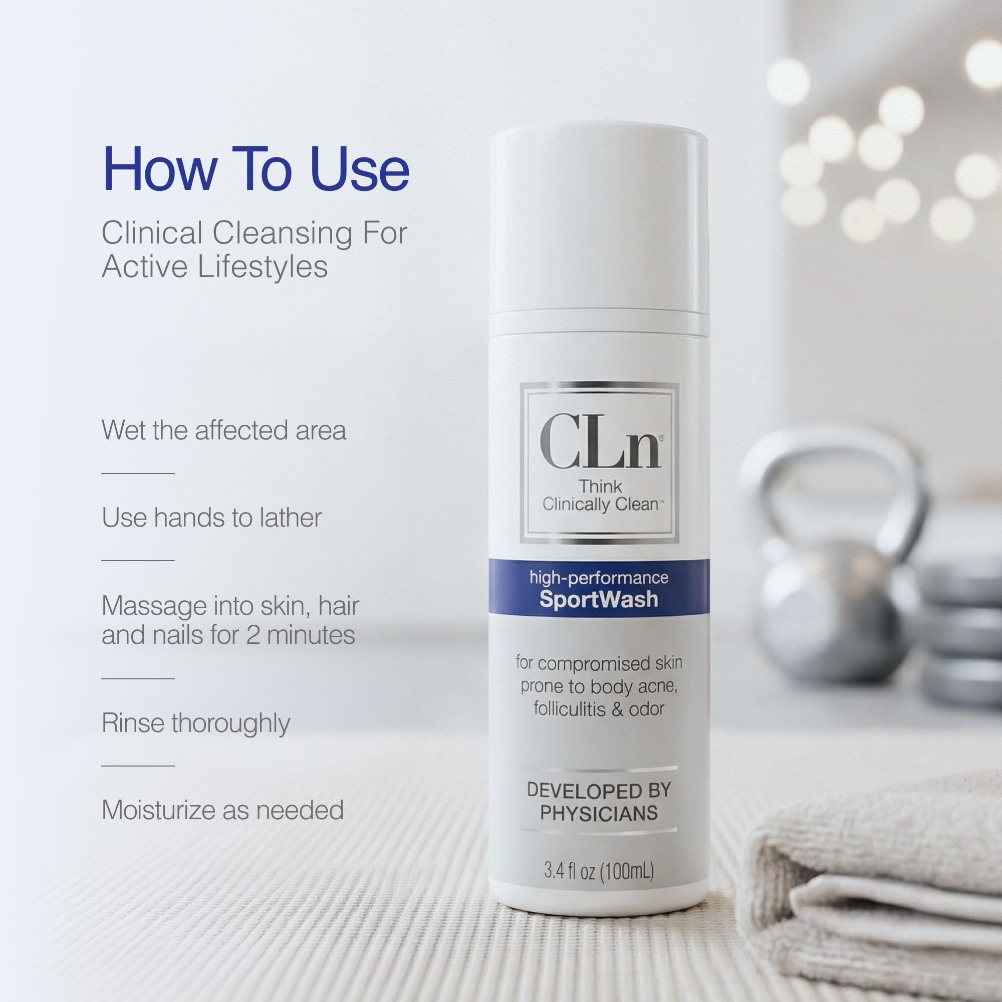 CLn SportWash comparado con una botella de agua para apreciar tamaño
