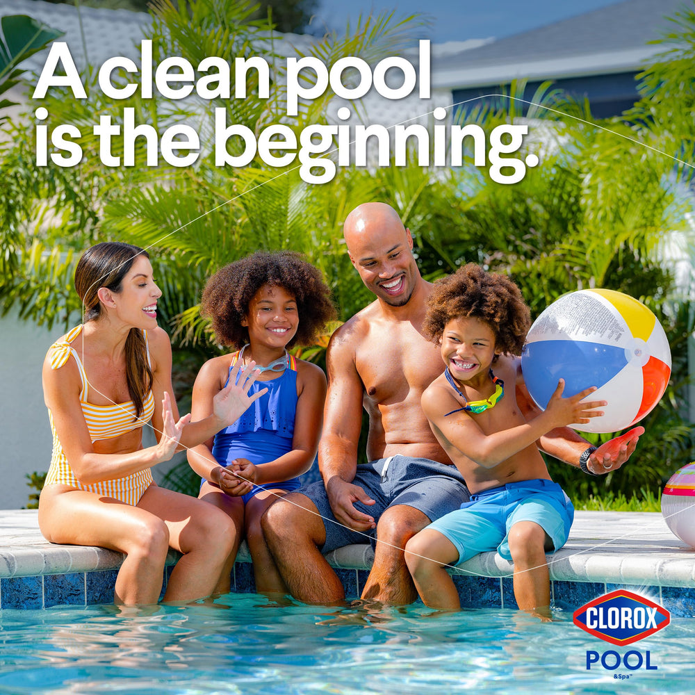 Clorox Pool & Spa next to a ruler to show bag size and volume for storage and bulk needs