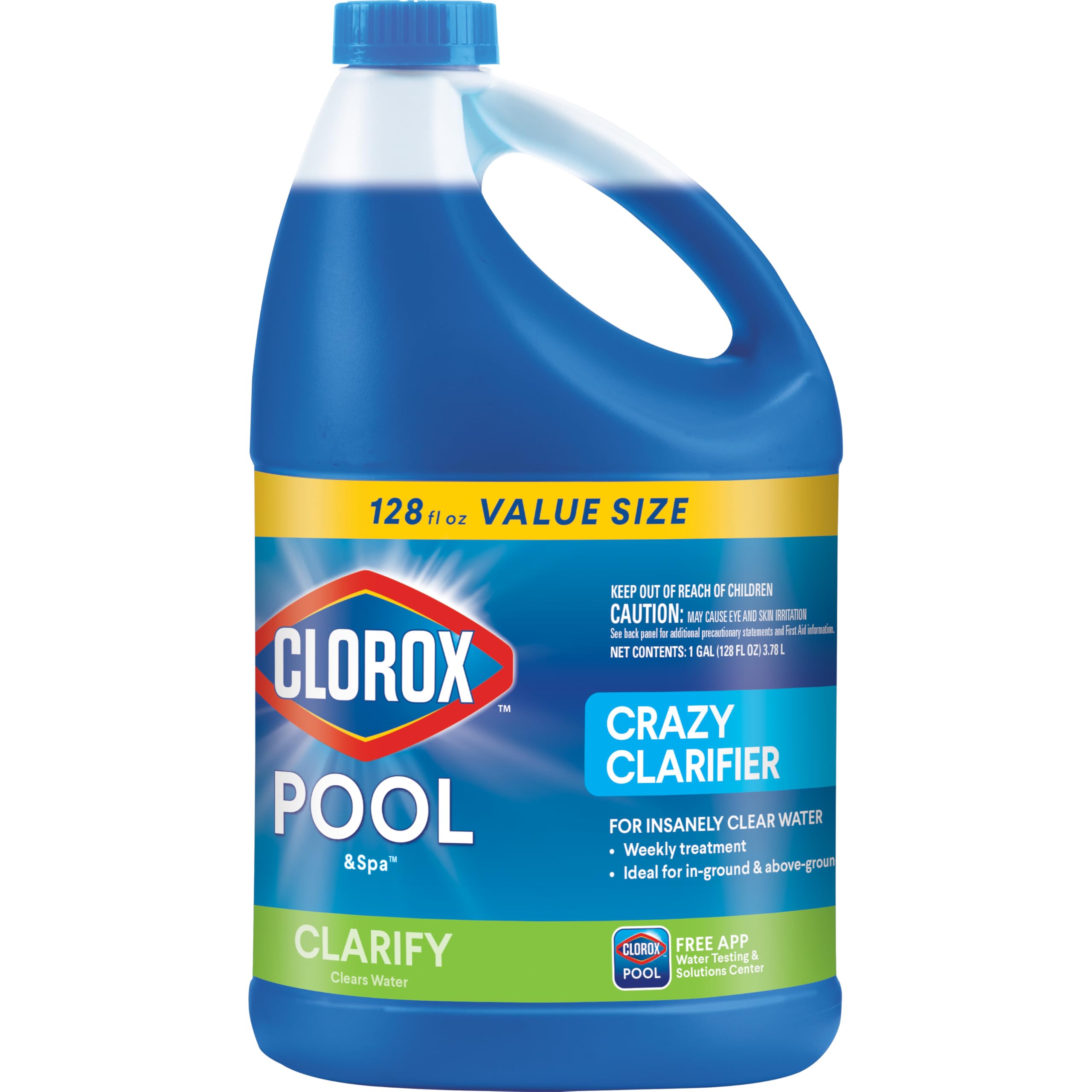 Clorox Pool&Spa envase frontal de 128 fl oz mostrando etiqueta y beneficio de aclarado
