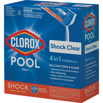 Clorox Pool&Spa front packaging showing label and 6-pack benefits
