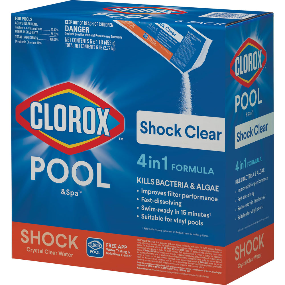 Clorox Pool&Spa front packaging showing label and 6-pack benefits