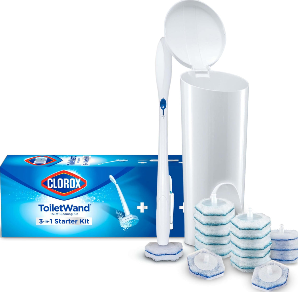 Clorox front packaging showing wand kit and refills for easy storage