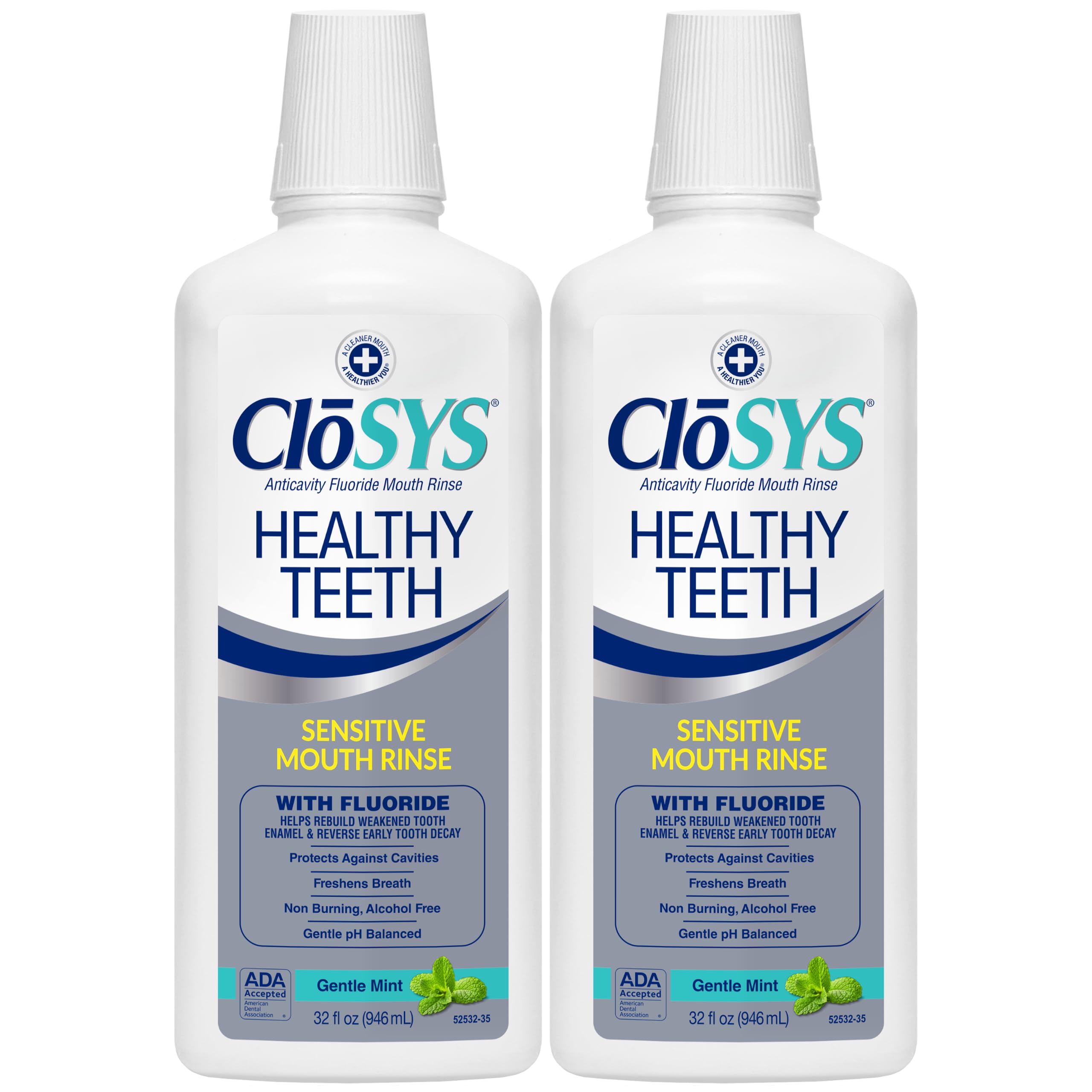 CloSYS botella frontal 32 oz mostrando diseño y ventaja de fortalecimiento