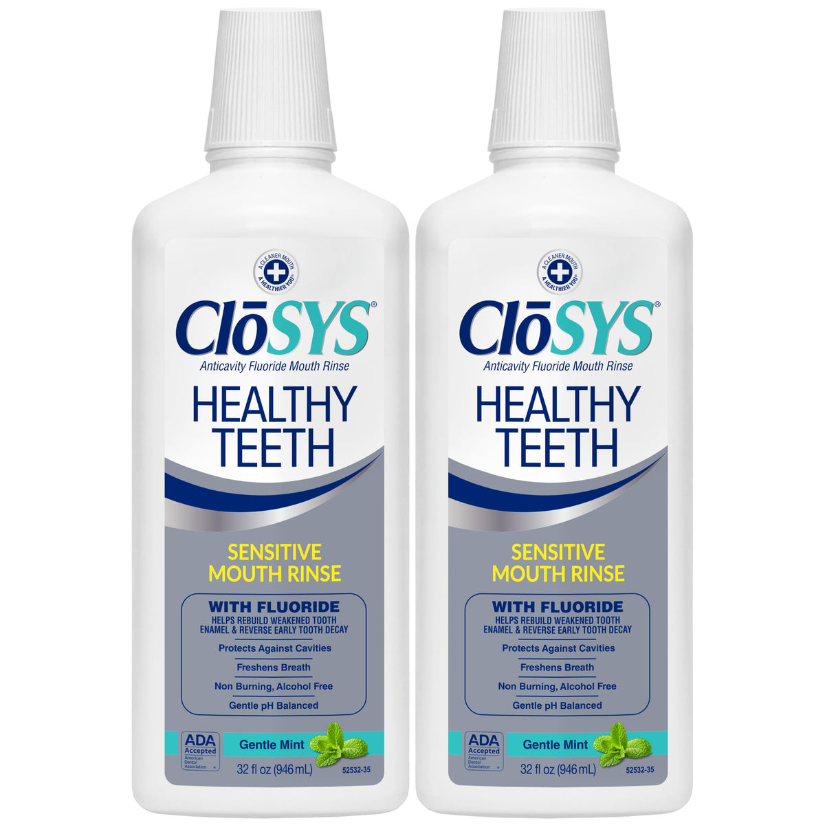 CloSYS botella frontal 32 oz mostrando diseño y ventaja de fortalecimiento