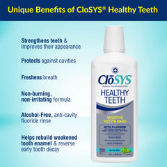 CloSYS detalle de etiqueta que destaca fluoruro y protección dental