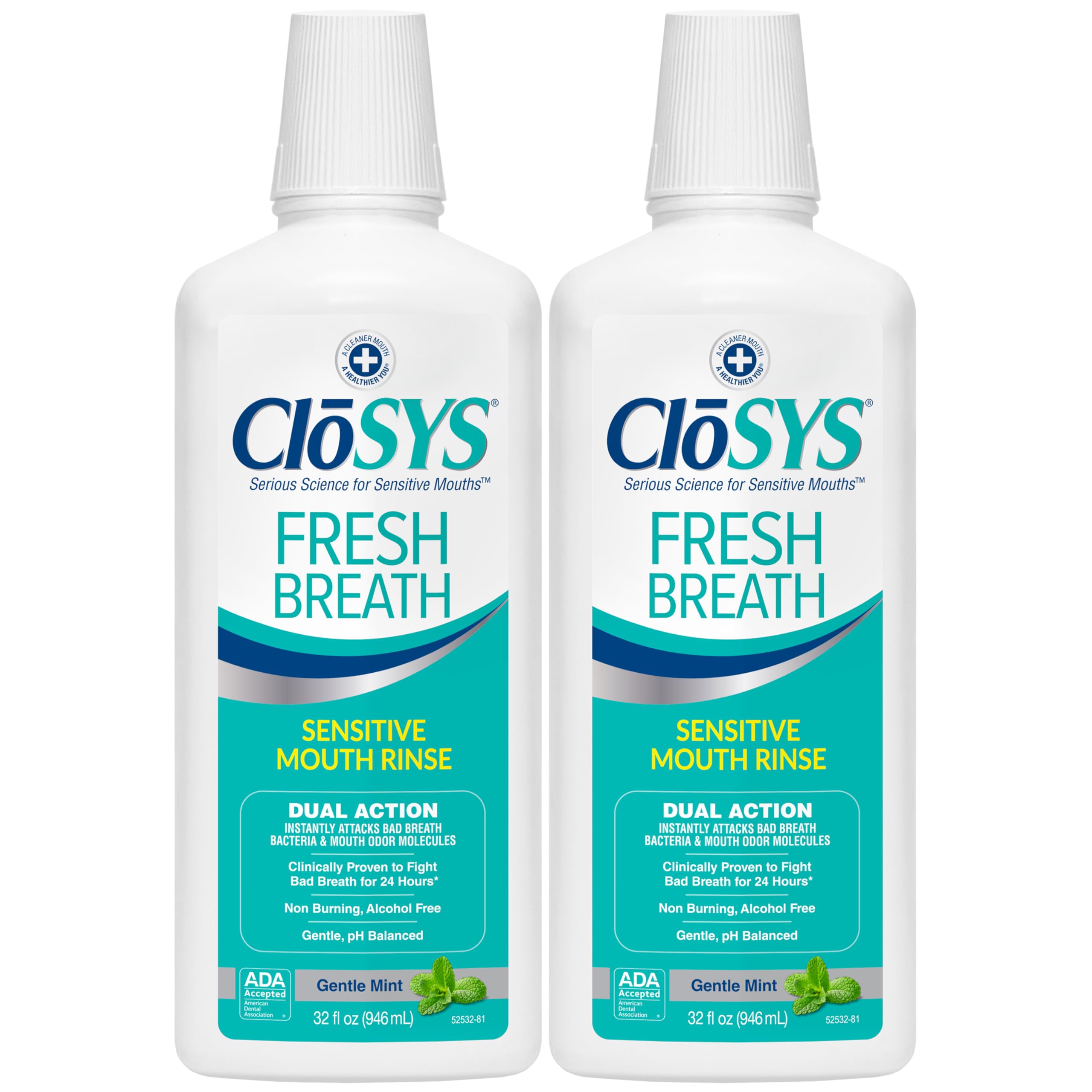 CloSYS bottle front view showing gentle mint packaging and long-lasting freshness