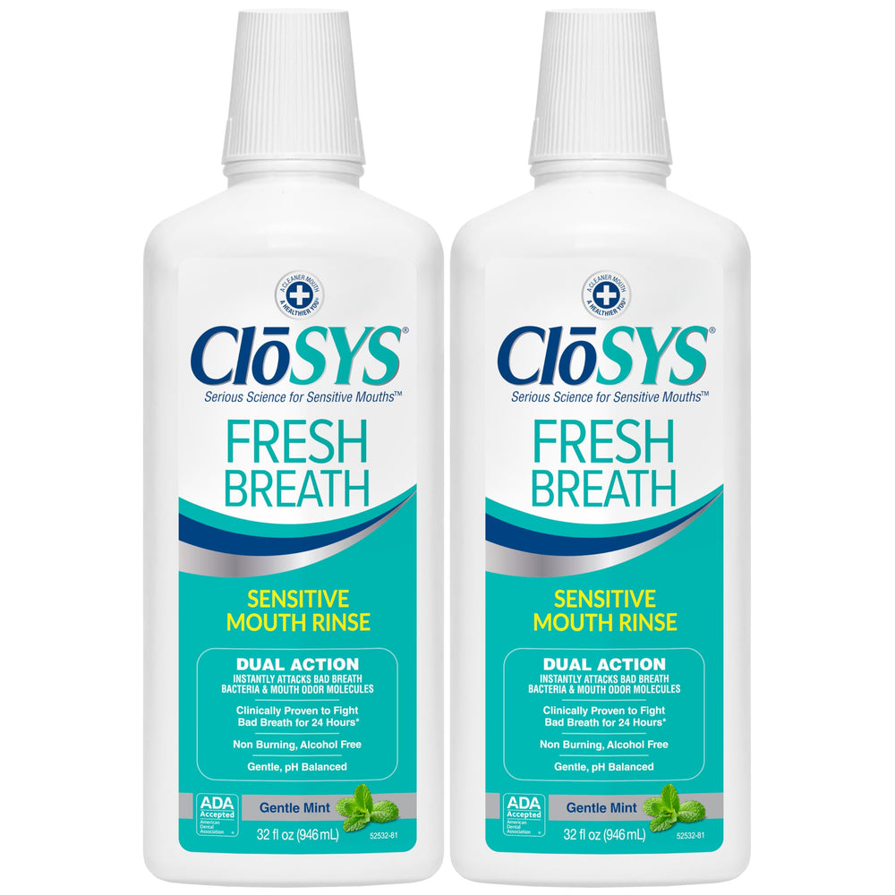 CloSYS bottle front view showing gentle mint packaging and long-lasting freshness