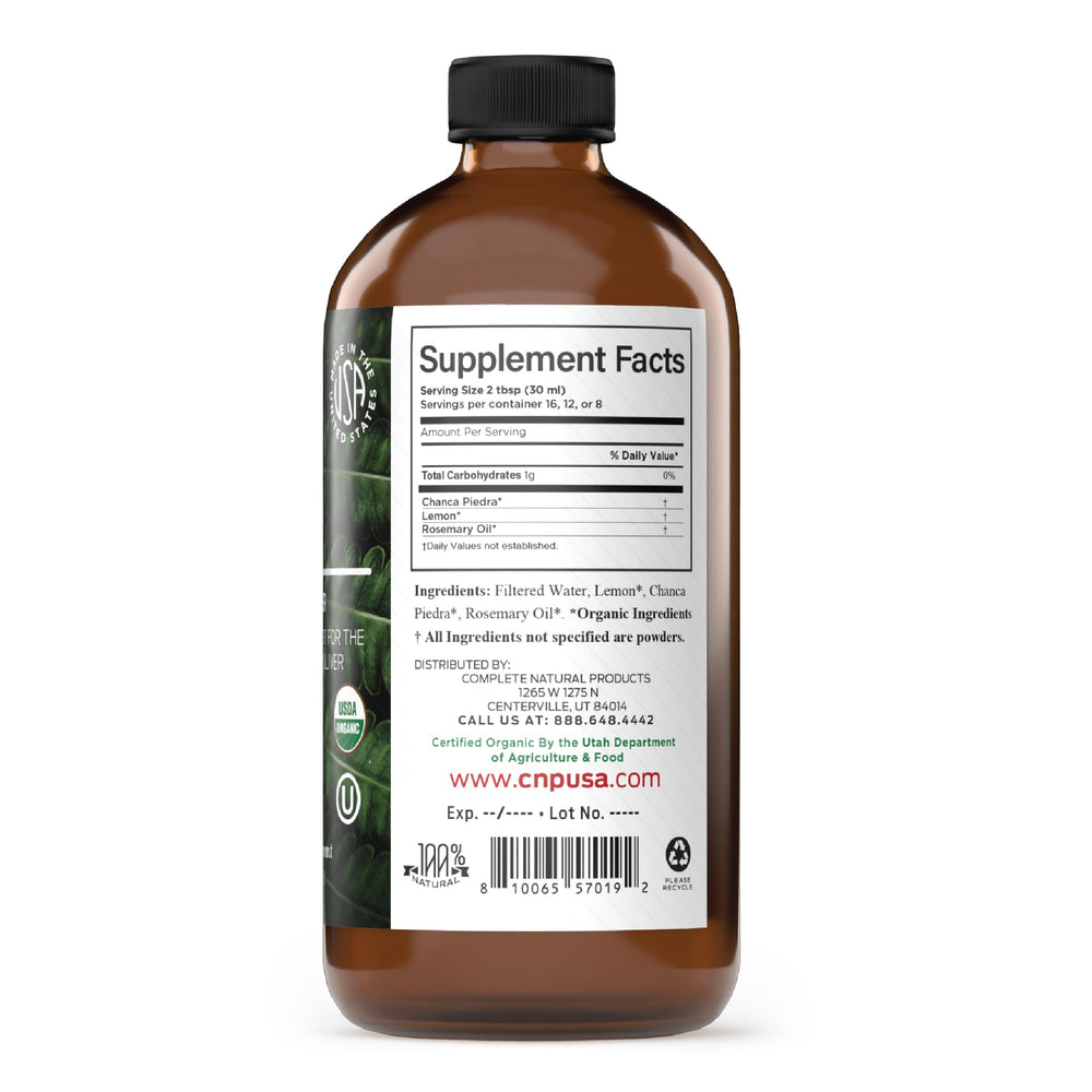 Gota de tintura Chanca Piedra en cuchara por Complete Natural Products para dosificar fácil