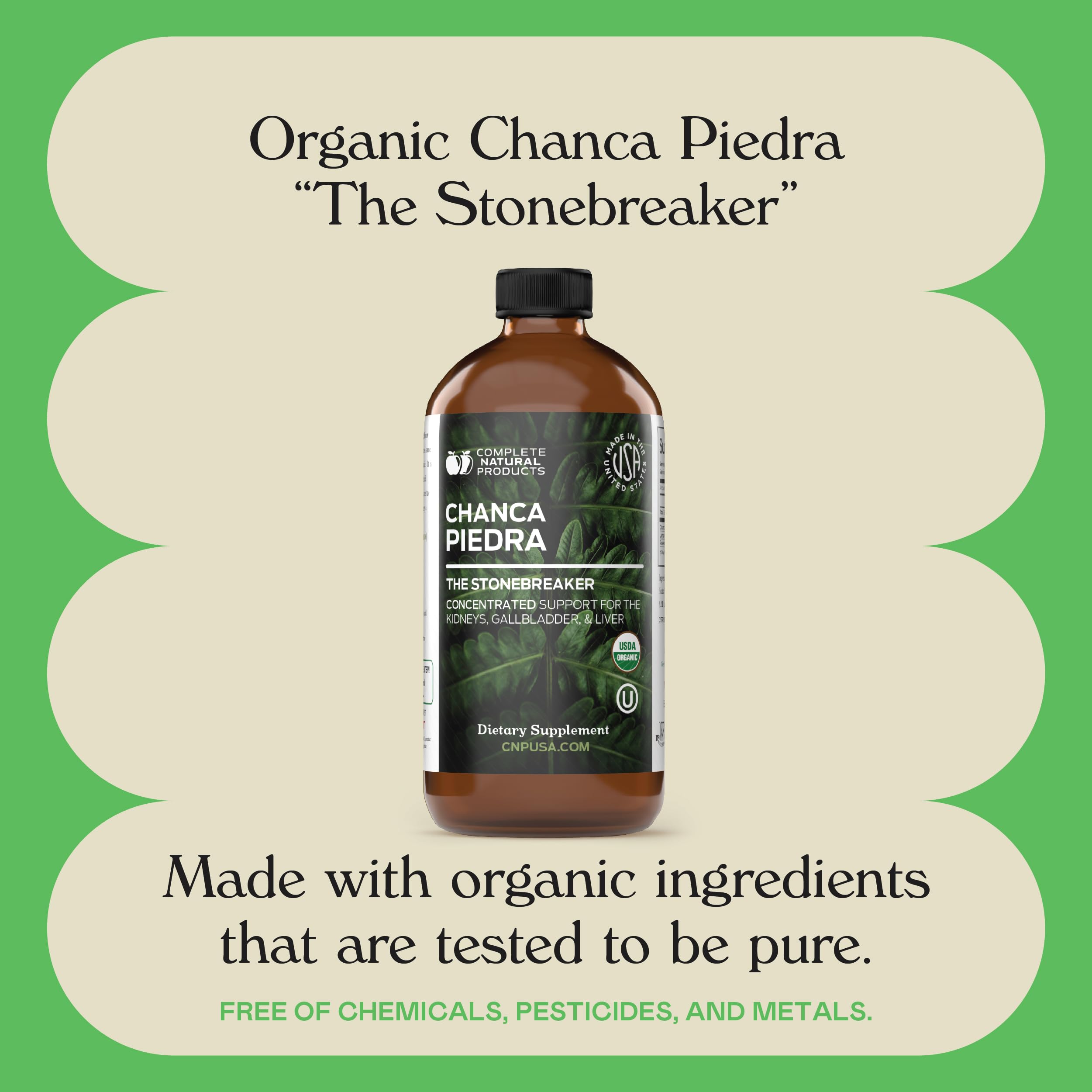 Hojas de Phyllanthus niruri junto a frasco de Complete Natural Products ilustrando origen