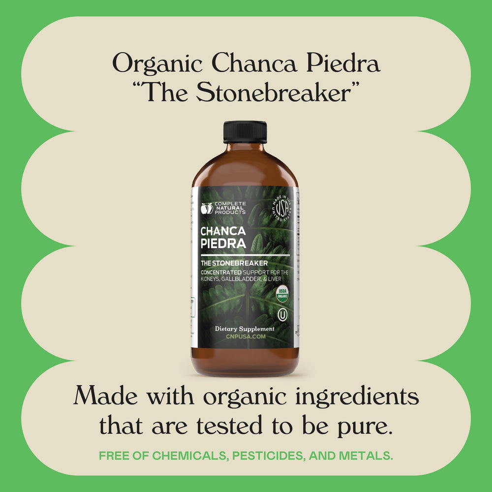 Hojas de Phyllanthus niruri junto a frasco de Complete Natural Products ilustrando origen