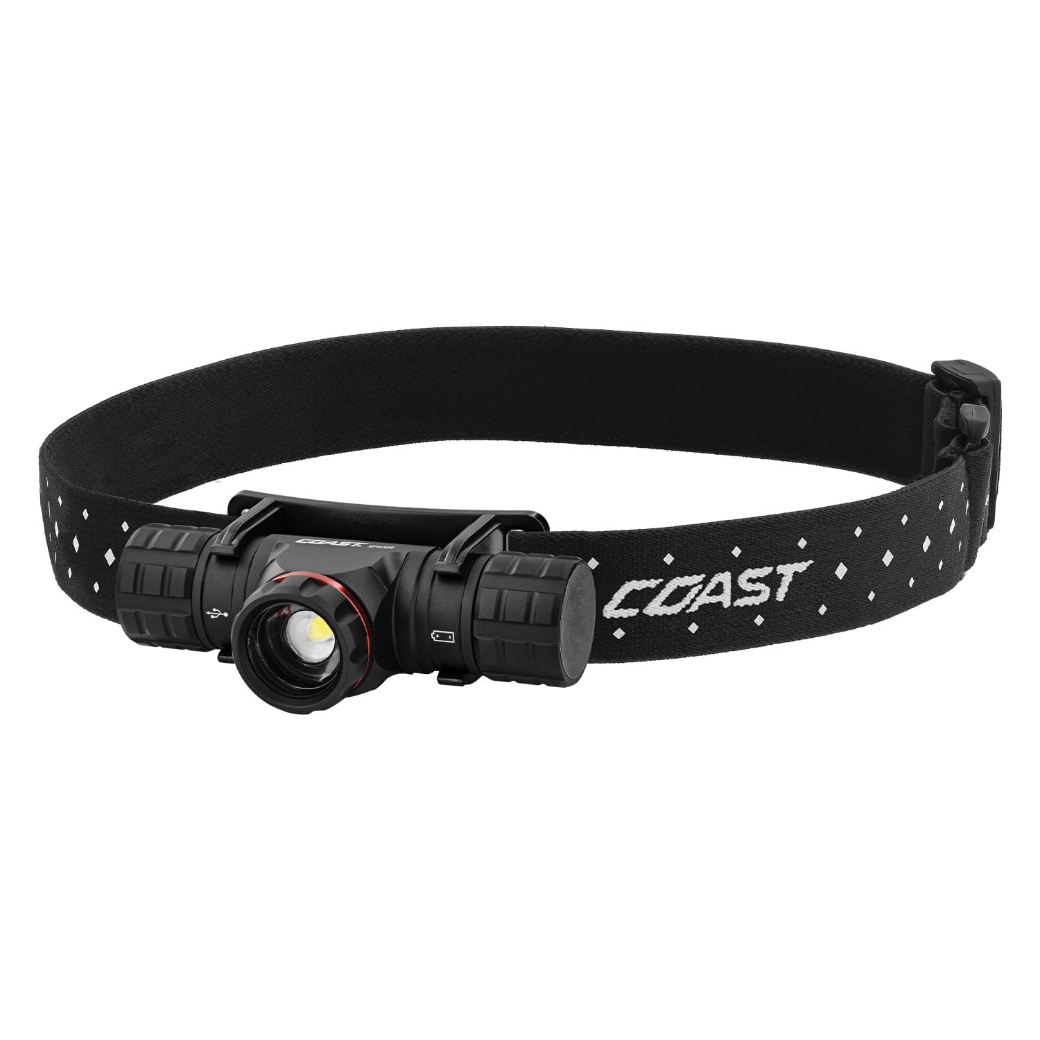 Coast XPH30R front view showing compact headlamp and strap for reliable hands-free lighting