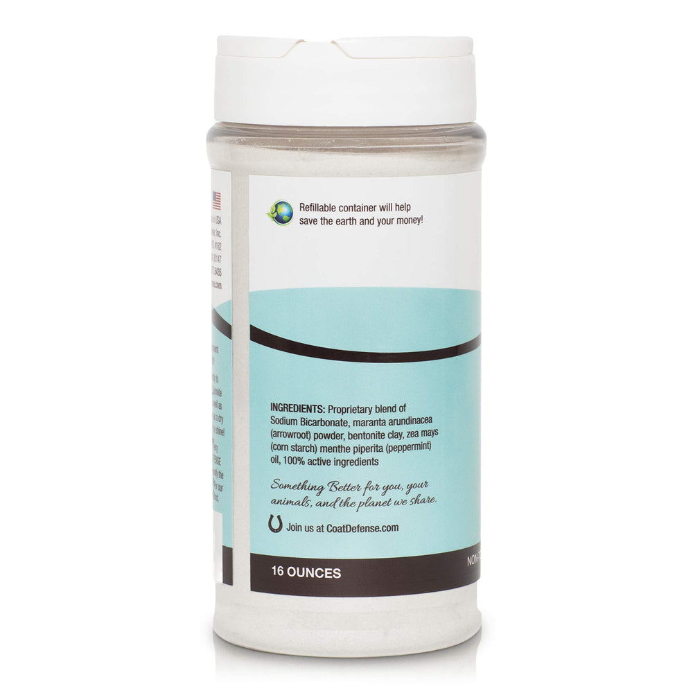 COAT DEFENSE label close-up highlighting natural ingredients list and USEF FEI compliance