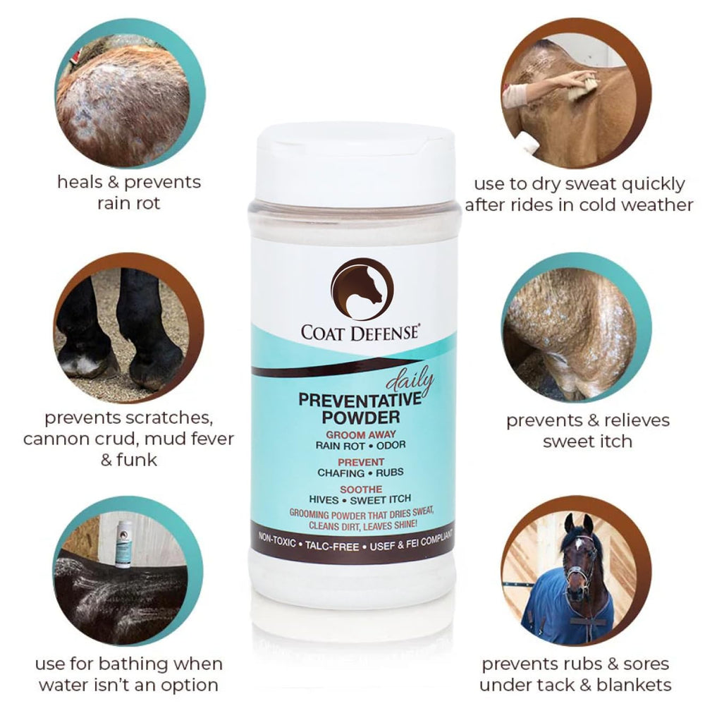 COAT DEFENSE powder texture close-up demonstrating fine absorbent granules for moisture control