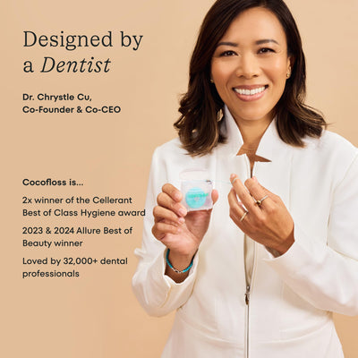 Cocolab Cocofloss with coconut oil droplet showcasing nourishing glide and smoother flossing