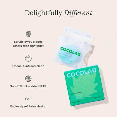 Cocolab Cocofloss close-up spool displaying blue braided thread and cleaning action