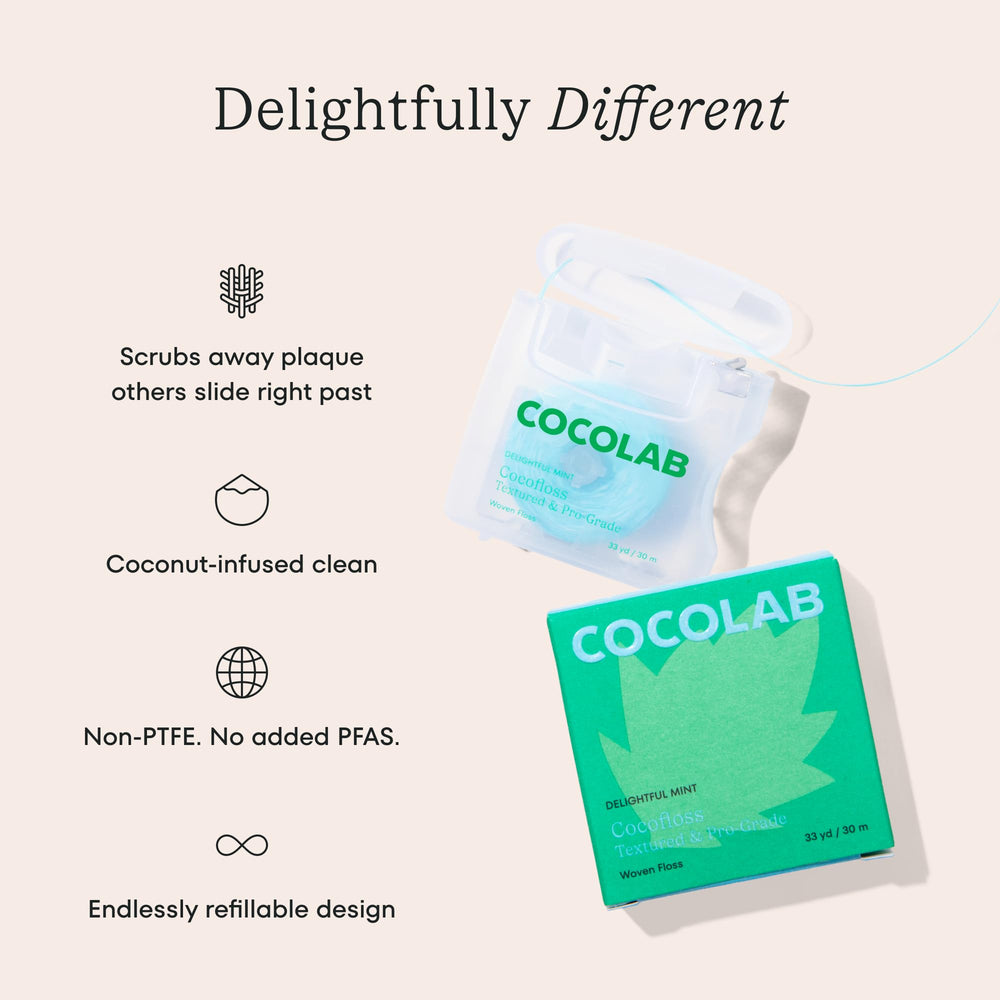 Cocolab Cocofloss close-up spool displaying blue braided thread and cleaning action