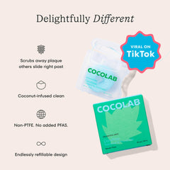 Cocolab Cocofloss hilo en uso entre dientes demostrando deslizamiento suave y confort