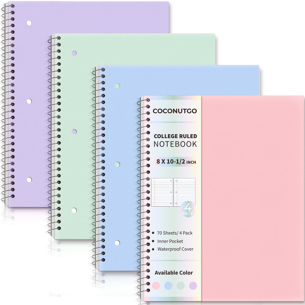 CoconutGo vista frontal del paquete de cuatro cuadernos, organización inmediata