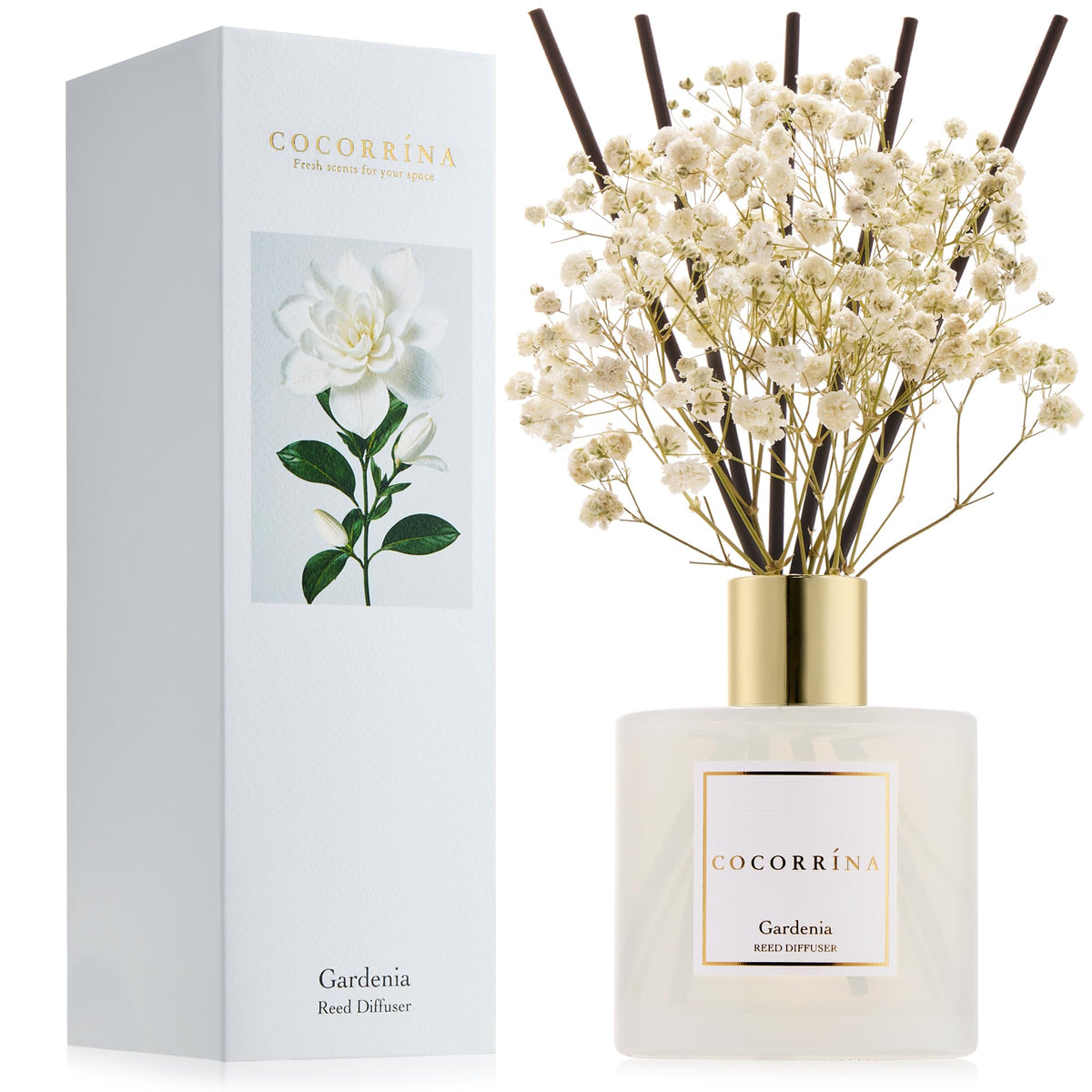 COCORRÍNA difusor gardenia frontal vista elegante y perfuma estancias