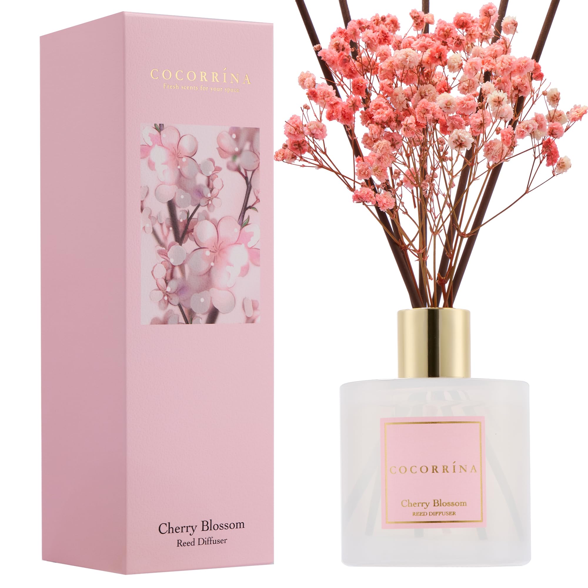 COCORRÍNA botella frontal con flor de cerezo y diseño elegante